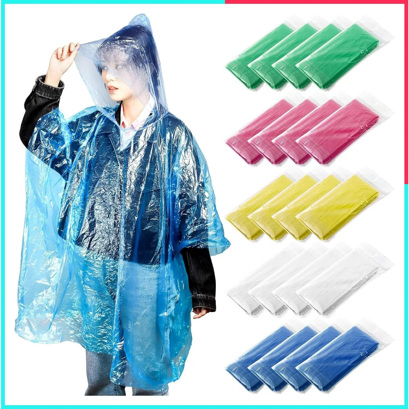 20 Pack Disposable Rain Ponchos for Adults, Clear Plastic Emergency Raincoats with Hood, Individually Wrapped Waterproof Family Pack for Camping