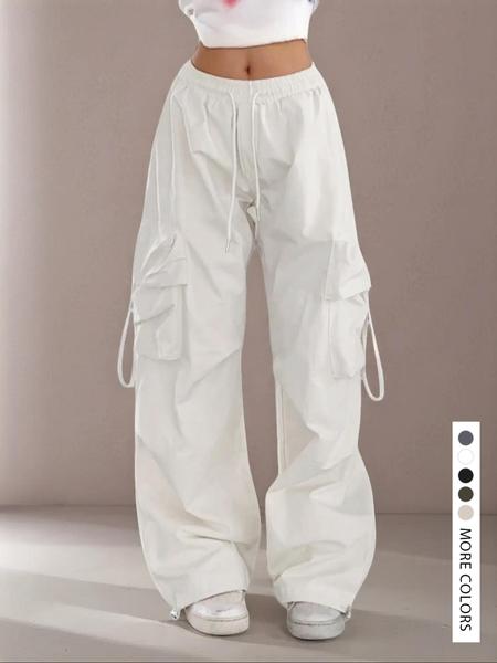 High Waist Drawstring Comfortable Wide Leg Cargo Pants, Casual Sporty Trousers, Elastic Cuffs and Fold over Pockets for Casual Street Style