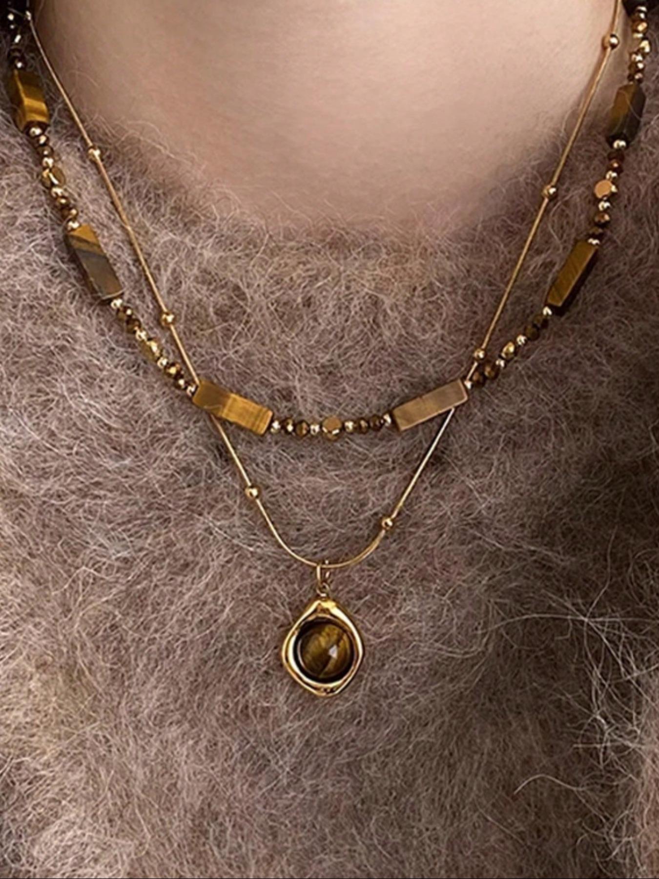 Women's Stainless Steel Necklace Set, Vintage Artificial Tiger's Eye Stone Pendant Jewelry, Artificial Gemstone Necklace for Daily Wear & Gifts, Layered Necklaces, Fashion Accessory Necklace, Fashion Necklace (The color of the stone is random)