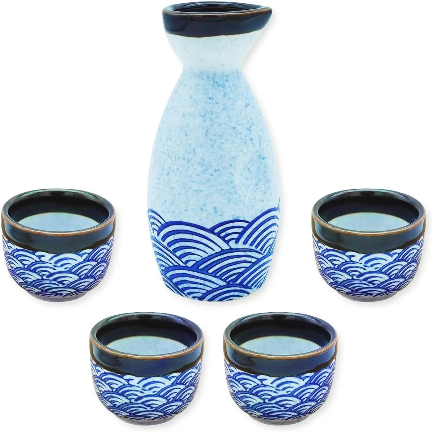 Porcelain Japanese Sake Set, Ceramic Bottle and Cups for Sake, Dishwasher & Microwave Safe, Blue Wave Pattern, 1 Sake Bottle and 4 Sake Cups