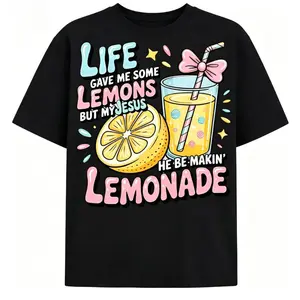 Women's Fun Christian Faith T-Shirt- "Life Gave Me Lemons, But Jesus Made Lemonade" Bible Verse Design with Lemon and Lemonade Print, Breathable Short Sleeve Round Neck Casual Top, Light Yellow Inspirational Christian Clothing