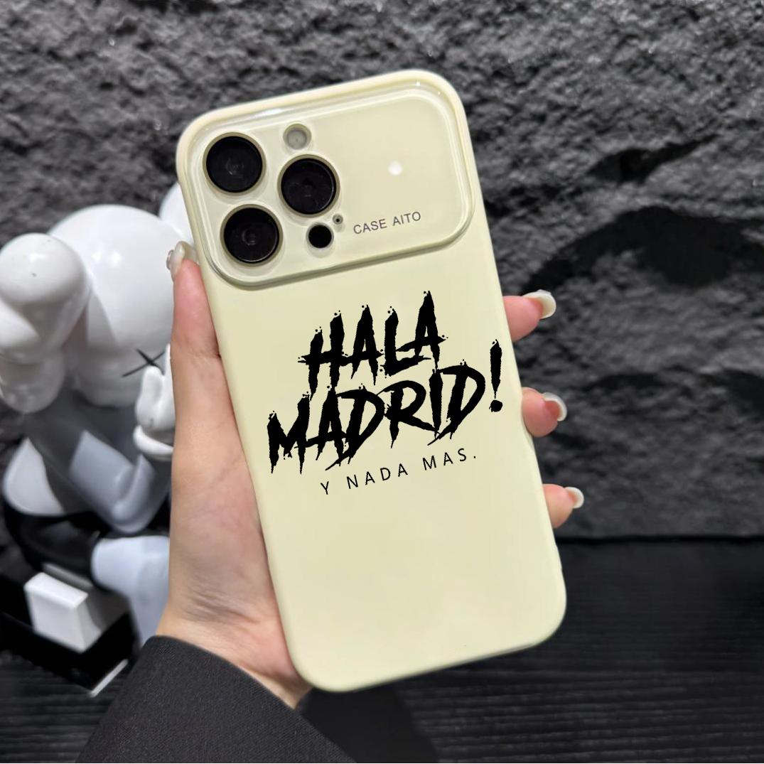 A mobile phone protective case with a HALA Madrid pattern design. It has protection at the camera lens, the case is generally soft, and it has a smooth handfeel. Suitable for iPhone 11, 12, 13, 14, 15, 16, 17 PIUS, Pro, and Promax