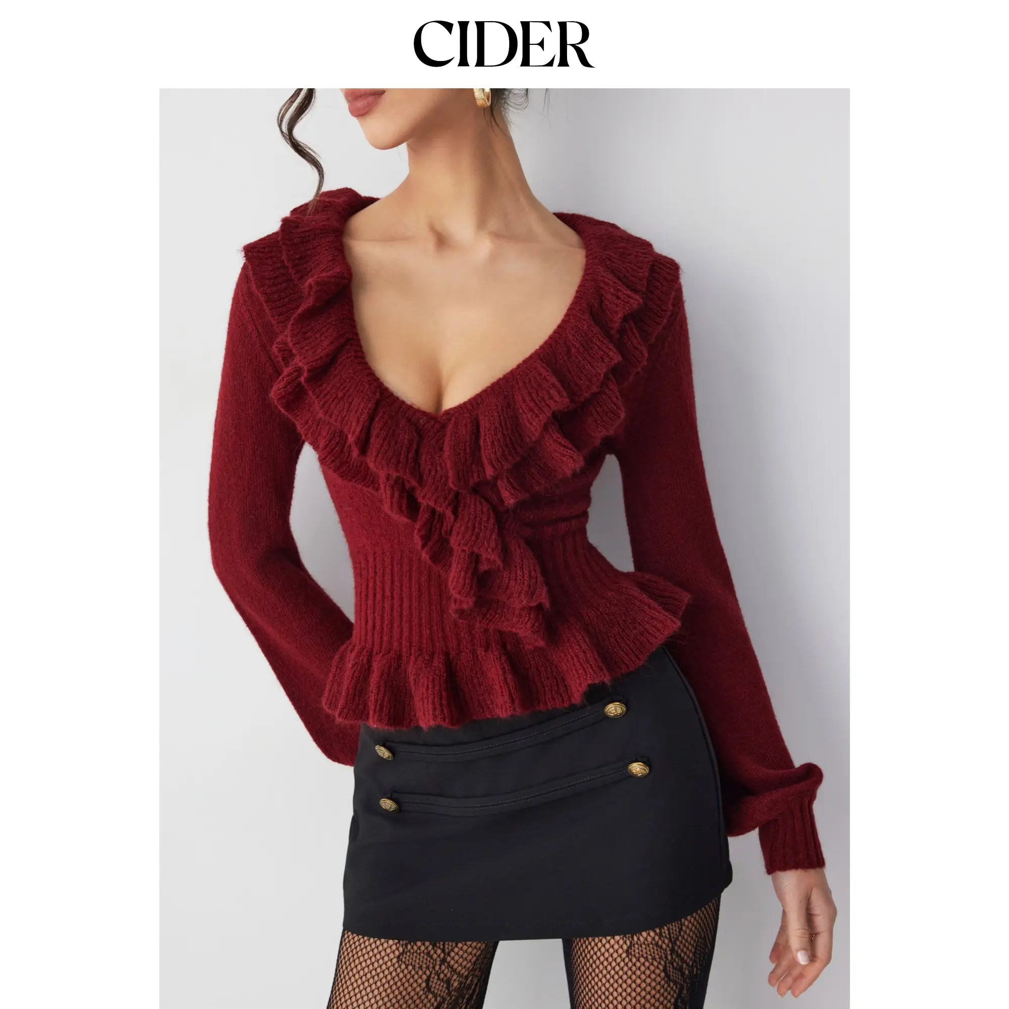 Cider Knit V-neck Ruffled Peplum Hem Long Sleeve Sweater SohoChic