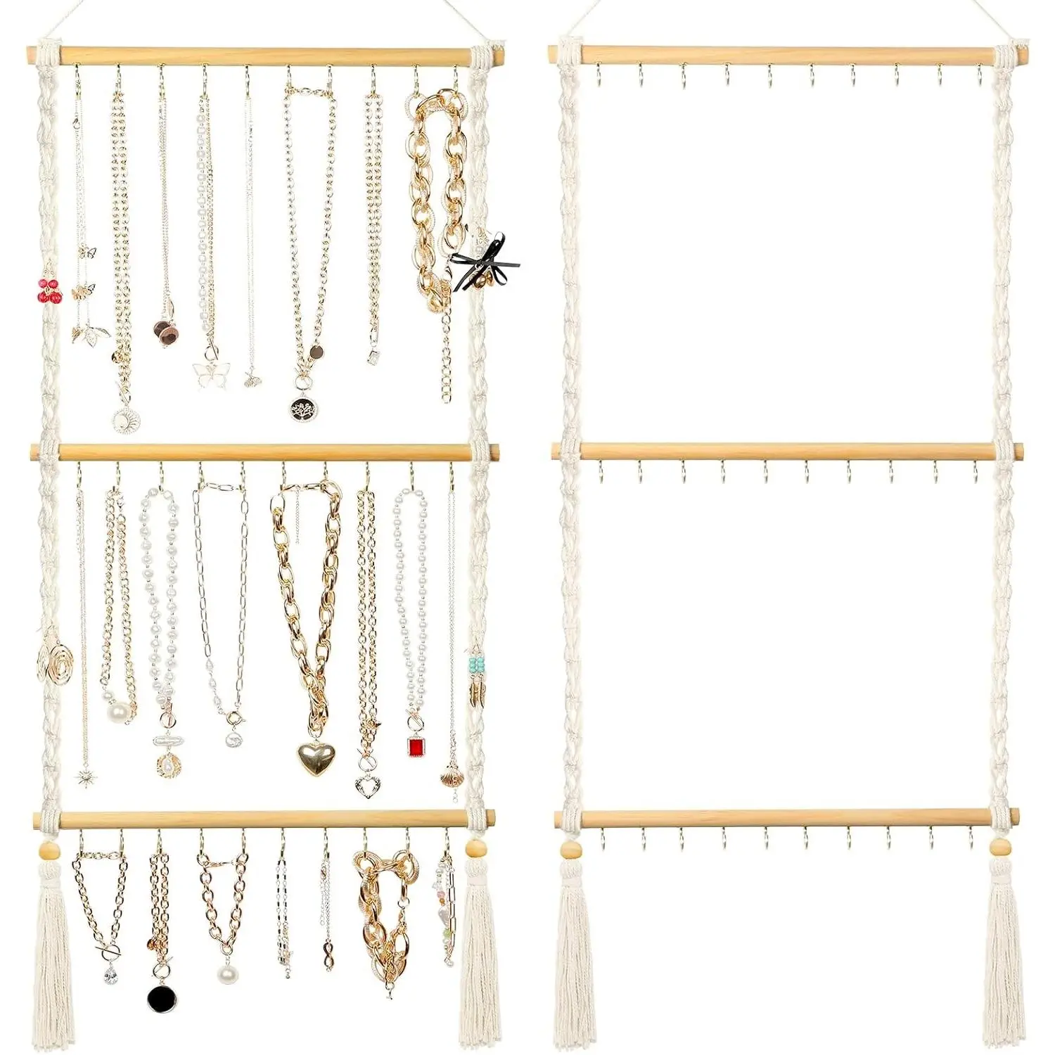 Hanging Jewelry Organizer Macrame Necklace Holder, with 30 Hooks, Over Door Necklace Rack, Wall Mounted Jewelry Hanger with Tassel Boho for Necklace Headband Bow Earring Bracelet