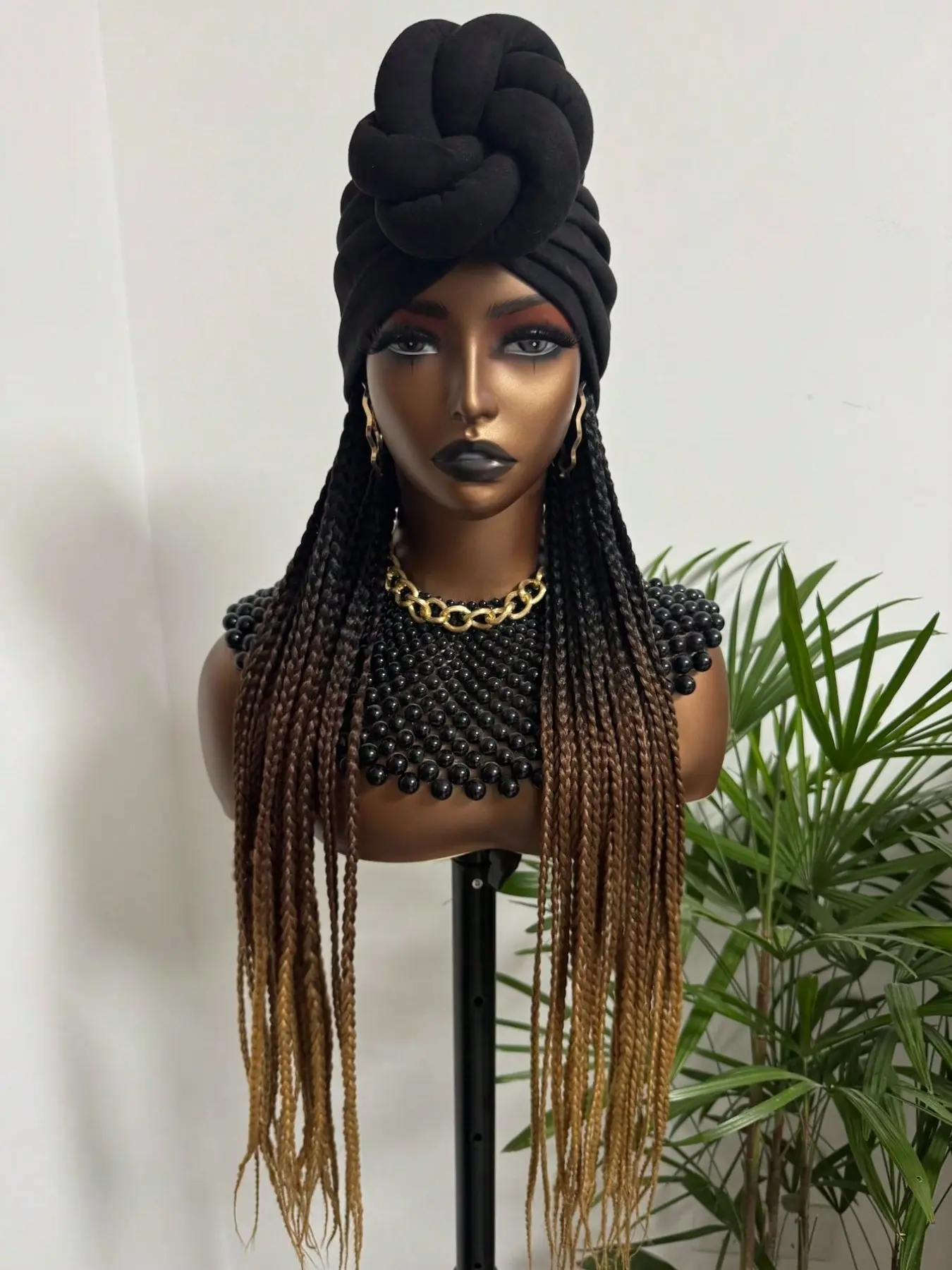 Long 24Inch Synthetic Black Dark brown Light brown Box Braided With Headband Elasticated Band Turban Hat Box Braiding Boho Box Braids Hair Extensions Head Scarf Easy Hairstyle Wigs For Black Women Premium Synthetic Wigs