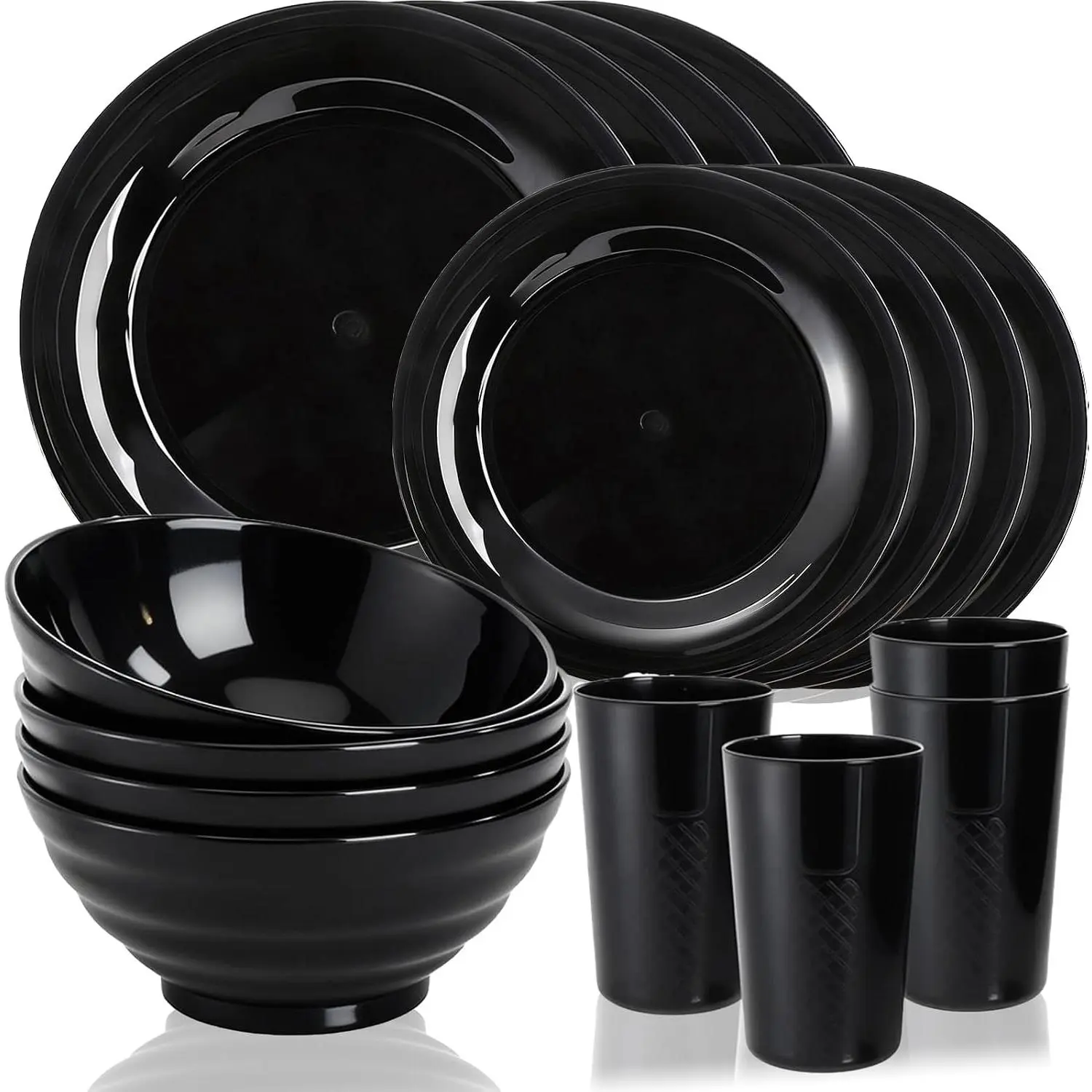 16 count Plastic Dinnerware Set for 4, Unbreakable Plates and Bowls, Lightweight Black Plates Bowls with Cups,  Dishes Set for Camping, Kitchen, Dorm, Dishwasher Microwave Safe