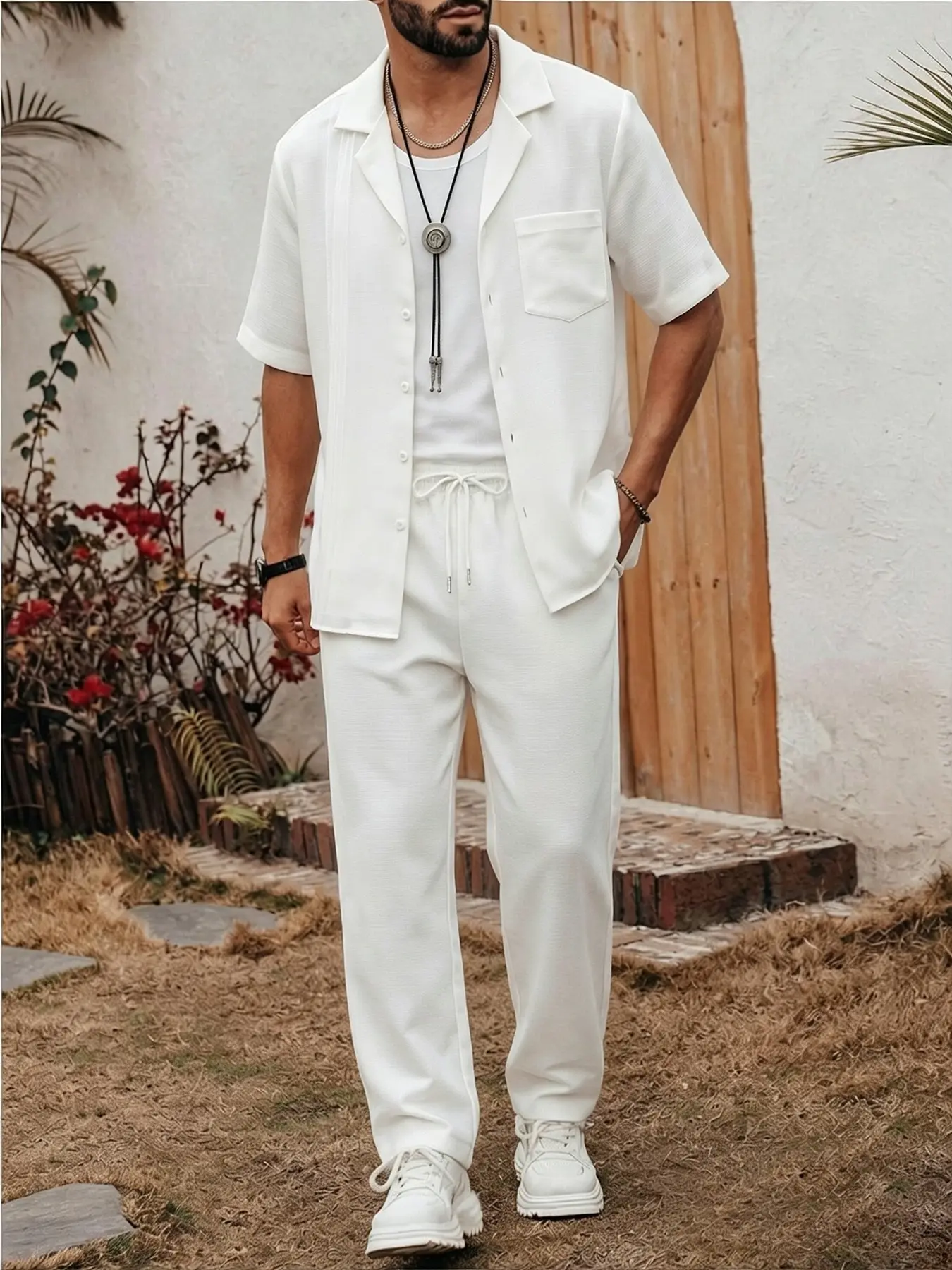 Men's Solid Textured Cuban Collar Short Sleeve Shirt Two Piece Matching Set, Vertical Pleated Pocket Lapel Open Top & Elastic Drawstring Straight Leg Casual Pants, Loose Figure-Flattering Aesthetic Outfit for Commute Vacation Home Daily Wear