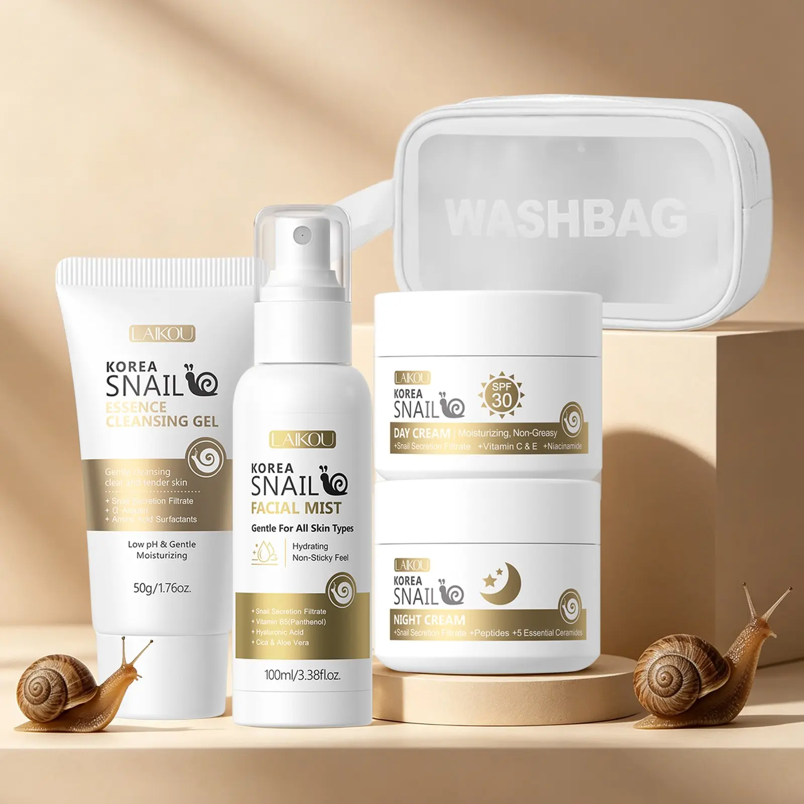 LAIKOU Snail Skincare Routine Kit, Hydrating Facial Kit, 3-Step Minimalist Day and Night Routine Kit - Cleansing Gel 50g, Toner Mist 100ml, Day Cream 30g & Night Cream 30g,Deep Hydrating & Glow Skin Set, Hydration Set, Daily Care Set