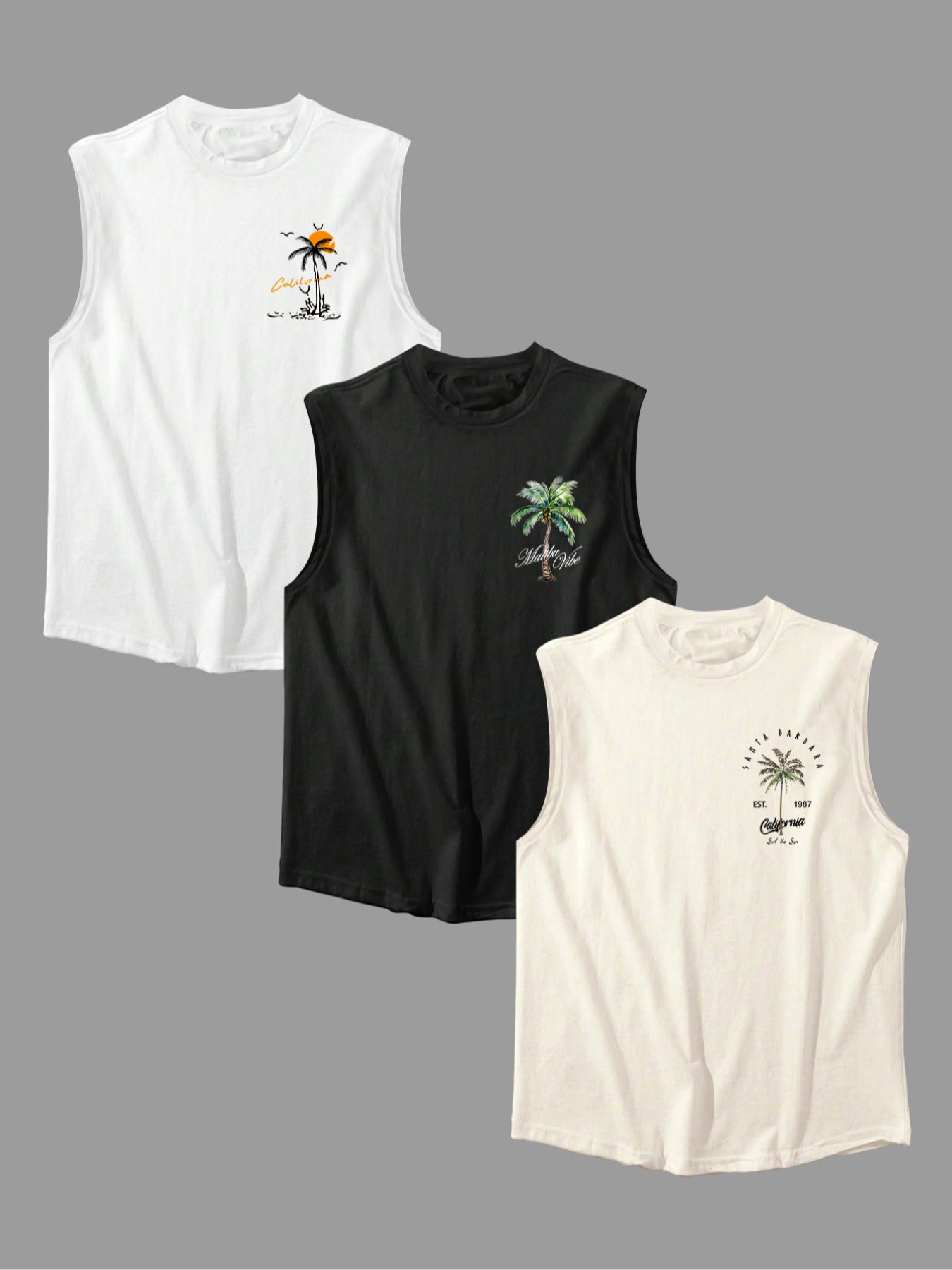 Men's Letter & Palm Tree Print Tank Top, Regular Fit Casual Soft Comfy Sleeveless Round Neck Top for Summer, Men's Clothes for Daily Wear, Stretch Tank Tops, Sleeveless Shirt