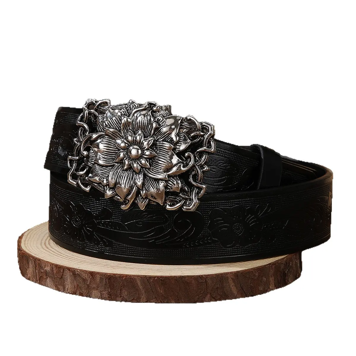 Vintage Floral Sculpted Oval Buckle PU Leather Belt, Embossed Scroll Strap, Unisex Dark Wide Waist Belt, Western Fashion Accessory for Jeans & Skirt Outfits