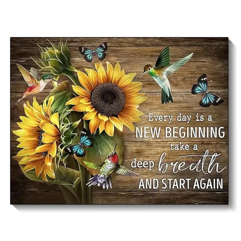 Sunflower Hummingbird Vintage Diamond Painting Art Picture "Every Day is a New Beginning" Quote Poster Floral Mosaic Cross Stitch Kit Wall Decor