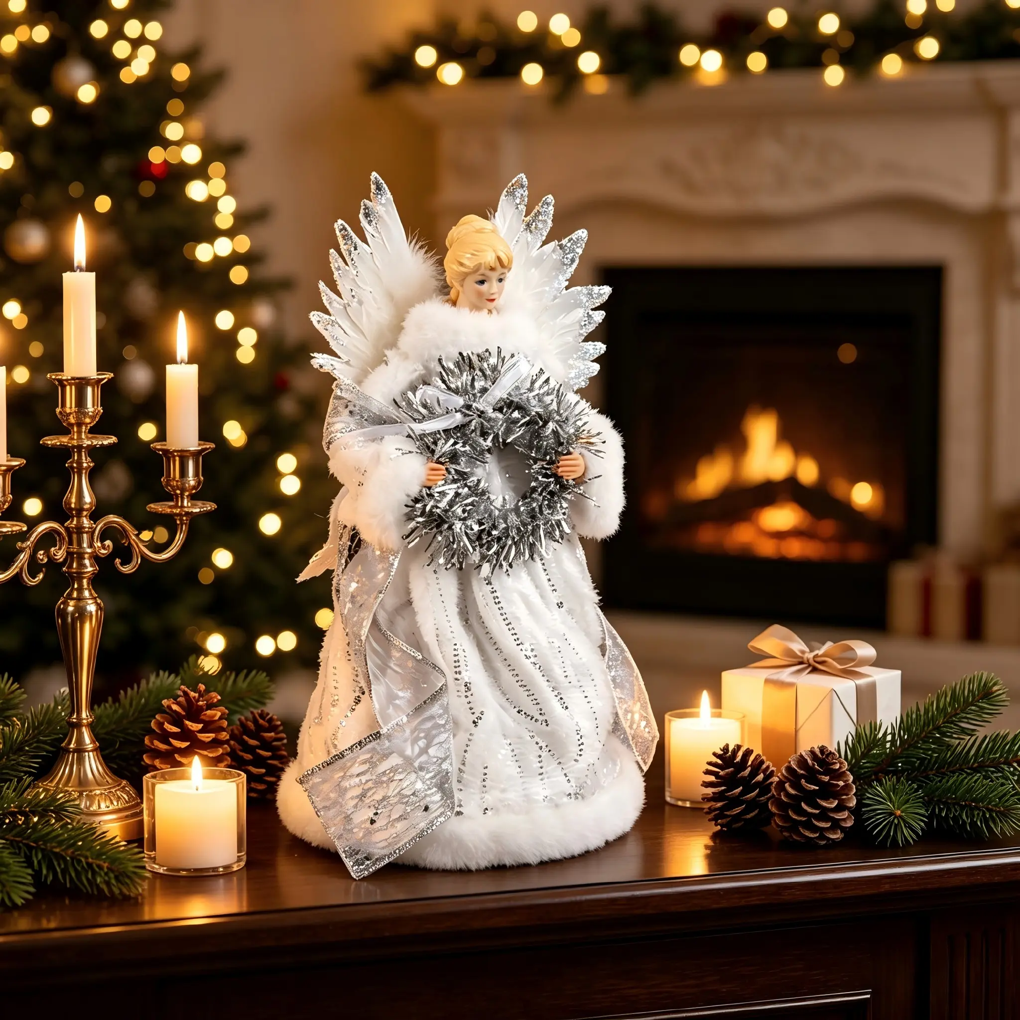 Christmas Angel Tree Top Decoration, Fabric Gold Silver Angel Doll, Christmas Star Tree Top Ornament, Holiday Home Decor