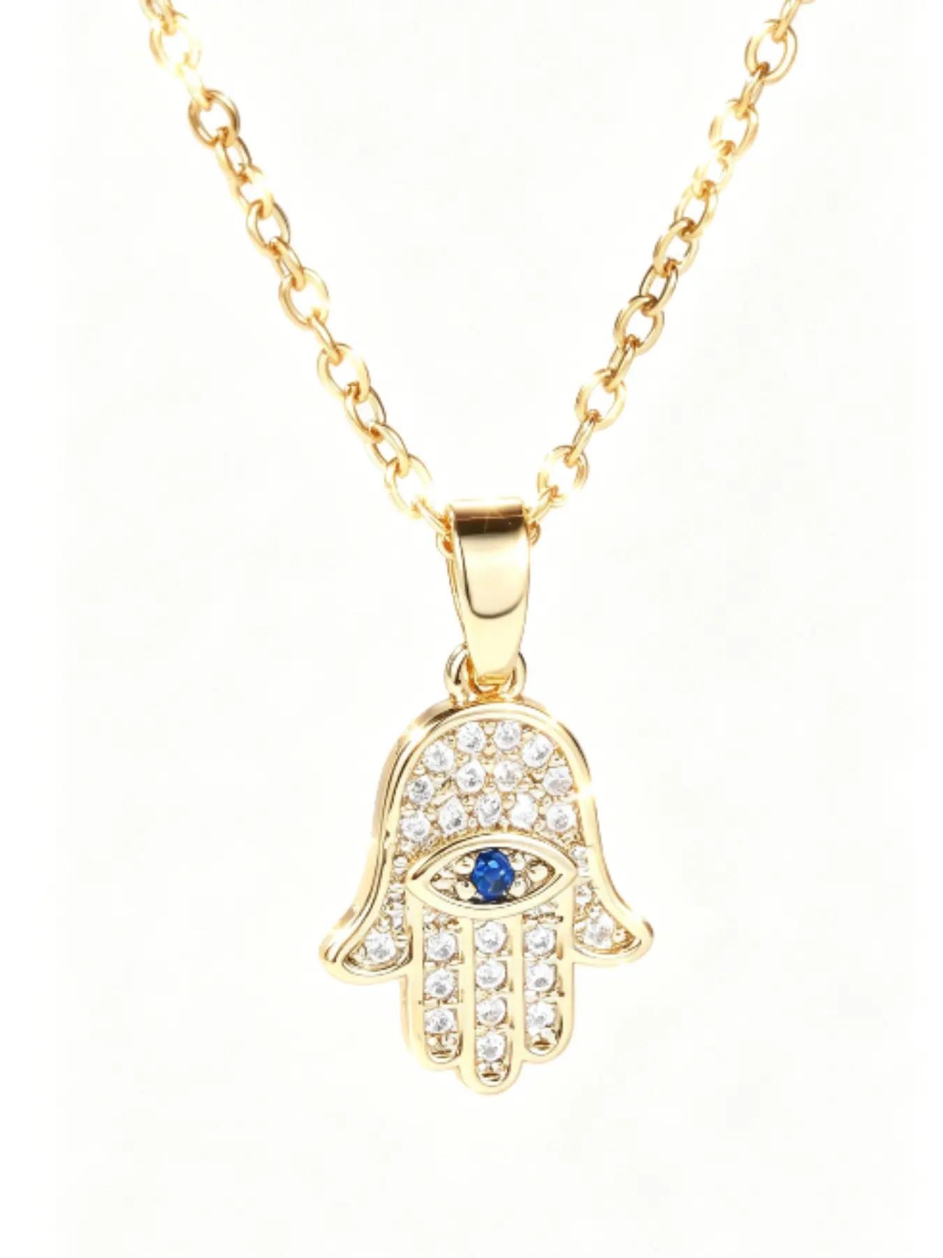 Shimmering Full Diamond Fatima Hand Necklace, Blue Diamond Evil Eye Lucky Charm Pendant, Minimalist Gold Chain Daily Vacation Women's Gift Jewelry