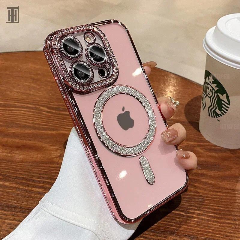 Luxury Bling Crystal Lens Film Phone Case For iPhone 15 11 12 13 14 Pro Max Plus Magsafe Magnetic Wireless Charging Clear Cover
