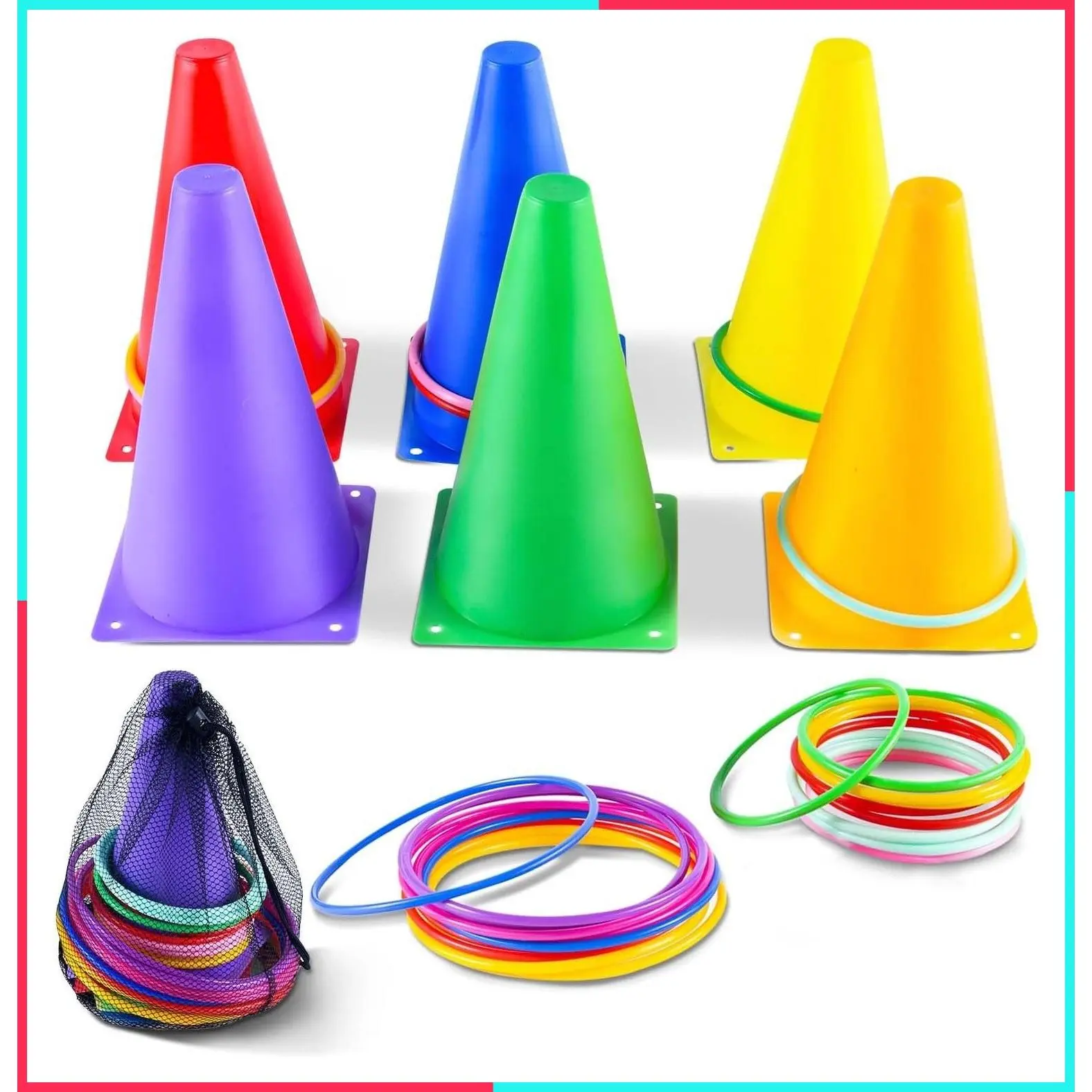26 Pcs Plastic Colorful Cones Ring Toss Combo Set Outdoor Carnival Games for Kids Adults Birthday Party Backyard Throwing Game