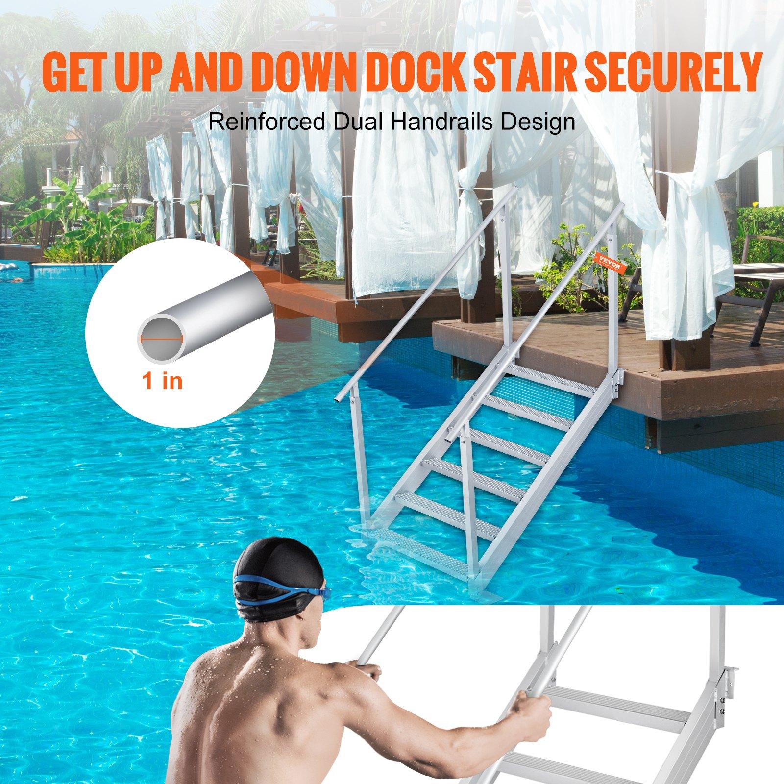 【Summerfinds】6-Step Aluminum Adjustable Dock Ladder, 43-51in Free Height Adjustment, 500lbs Load Capacity, Dual Nonslip Mat Rails, Comfortable Walking, 31.5x72.8x82.3in Size, Ideal for Swimming Pools, Safe for Child & Elderly, Handrail