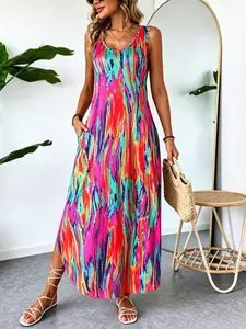 Women's Summer Casual Beach Vacation Print Slim Sleeveless Dress Casual Wear, Home Outdoor City Fashion Street Youth Simple Campus Retro Versatile Quality Personality