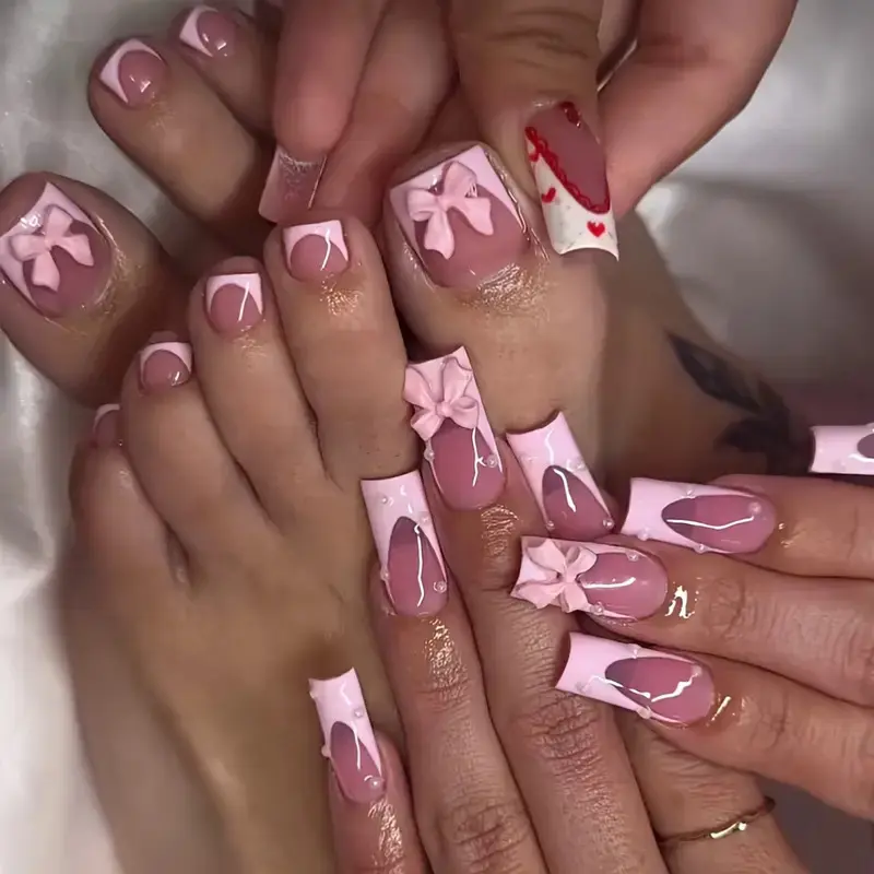 48-Piece Pink French Press-On Nail Set for Hands & Feet with 3D Bow and Pearl Accents, Long Square Fingernails & Short Toenails