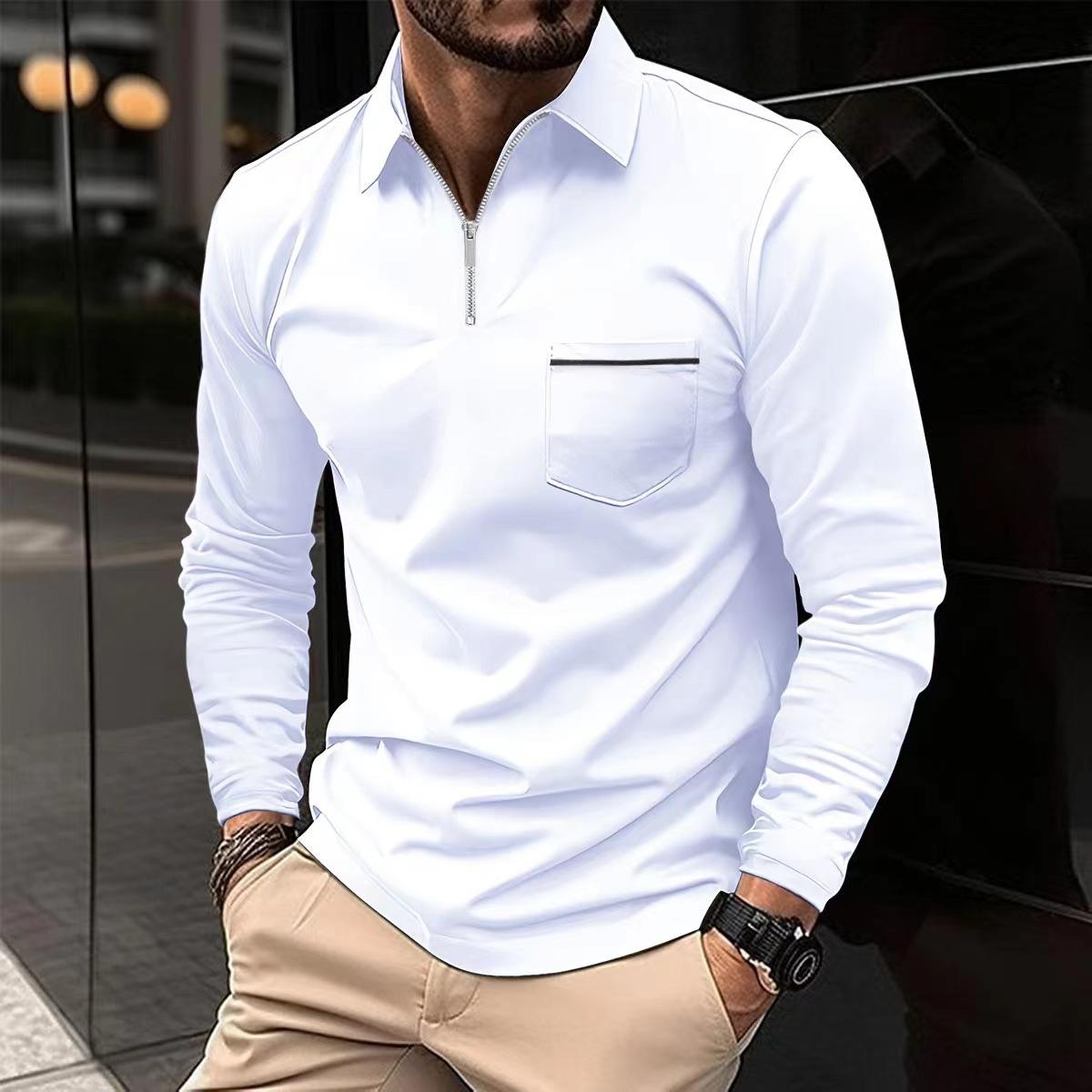 This men's solid color polo shirt with a zip-up collar and made of polyester-cotton blend is an ideal choice for casual wear in spring and summer.