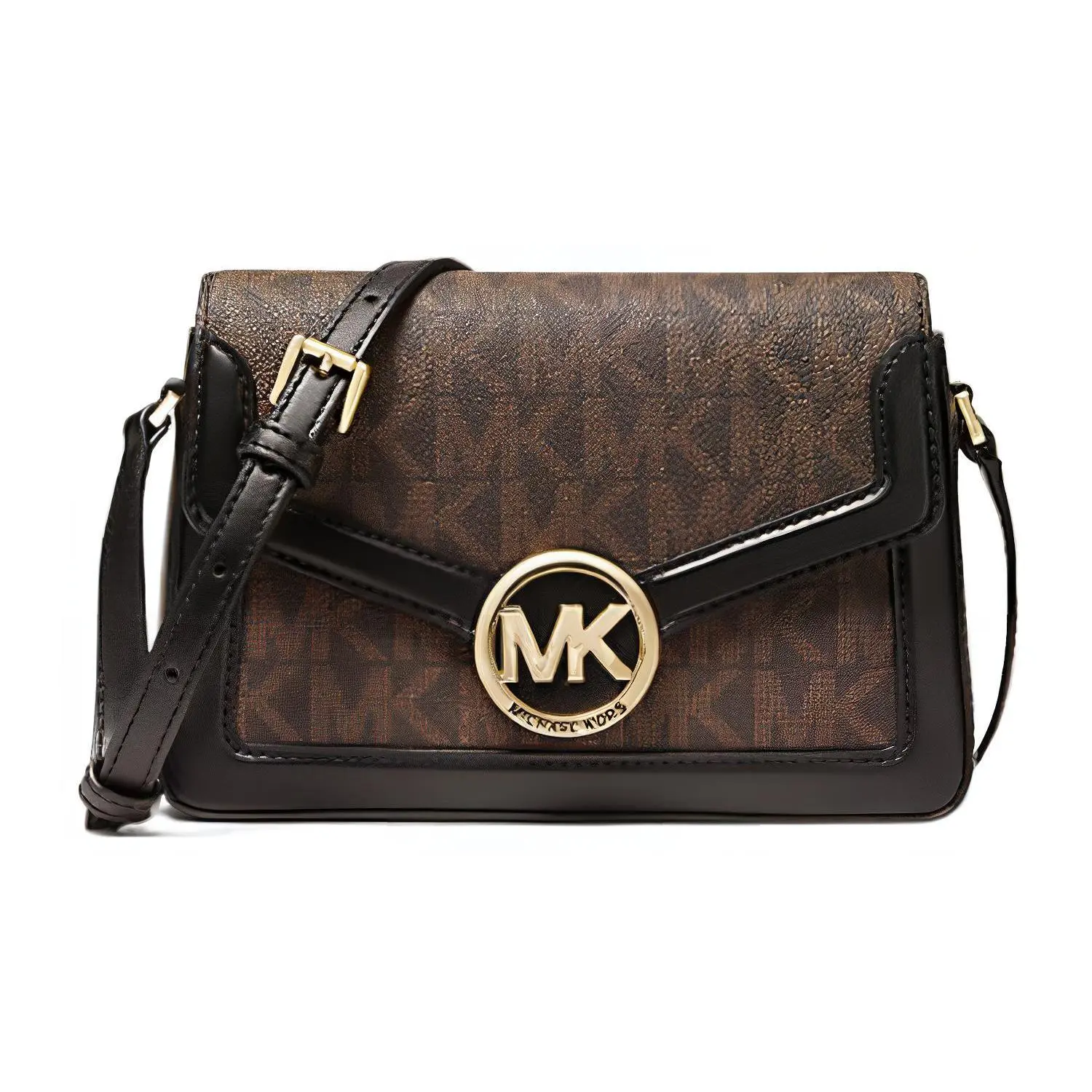 Michael Kors MK Jessie Classic Monogram Tote Bag for Women – Elegant Color-Blocked Crossbody with Gold Logo Clasp, Brown and Black