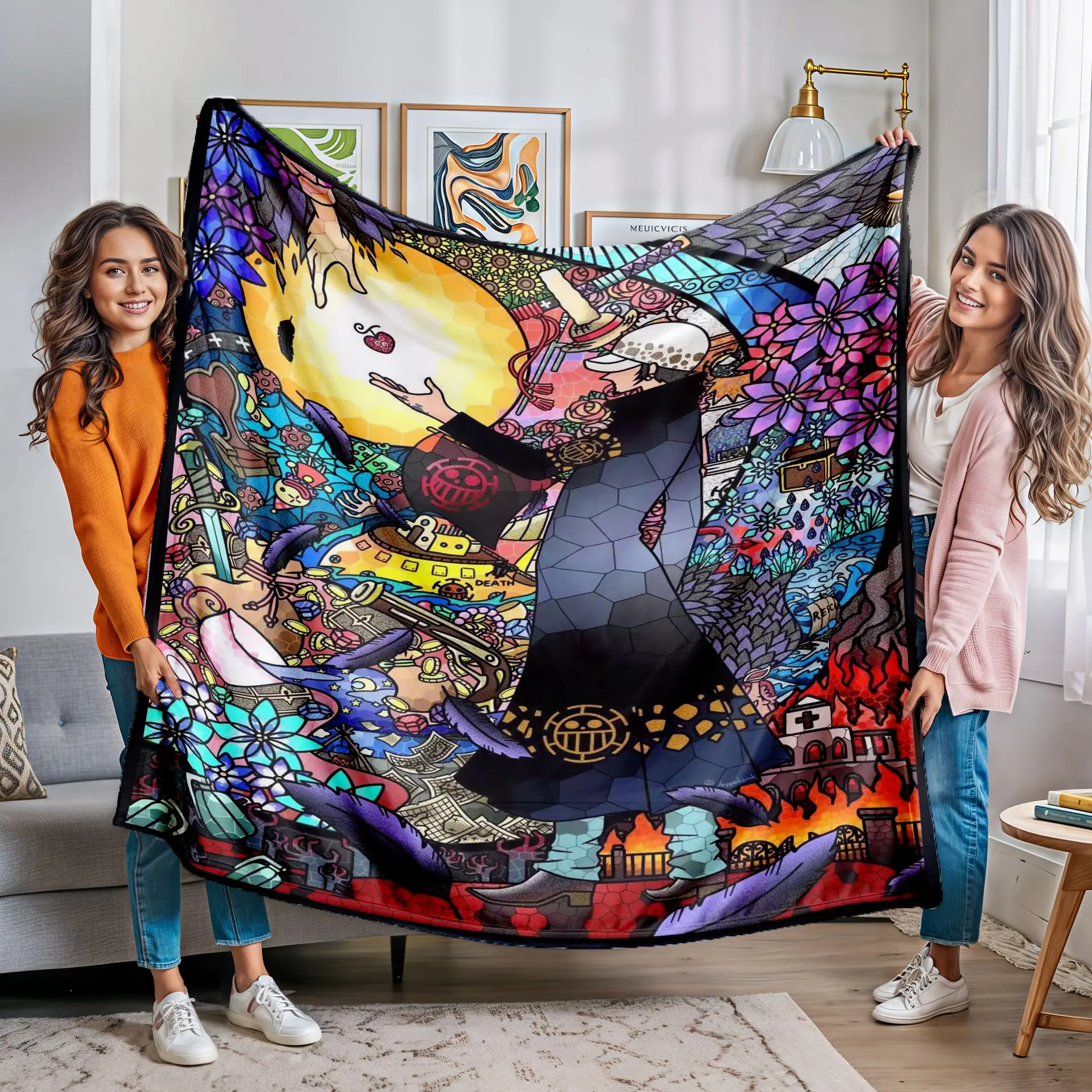 One Piece Brook Colorful Church Glass Painted Flannel Blanket, Soft Anime Art Throw Blanket, Cozy Dorm Office Bed Cover, Unisex Decorative Rug
