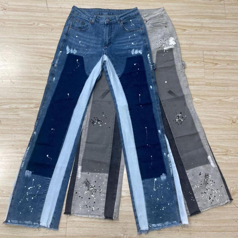 Men's Viral 2026 Trend Flare Denim Jeans Patchwork Paint Splatter Flare Denim Jeans Carpenter Pocket Raw Hem High Street Skate Pants Carpenter Flare Denim Jeans Raw Hem Loose Fit Stretch High Street Skate Pants for Men