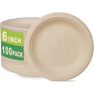 GreenWorks 100 Count 6" Small Compostable Dessert Plates, Heavy-duty Unbleached Biodegradable Bagasse and Bamboo fiber Paper Plates