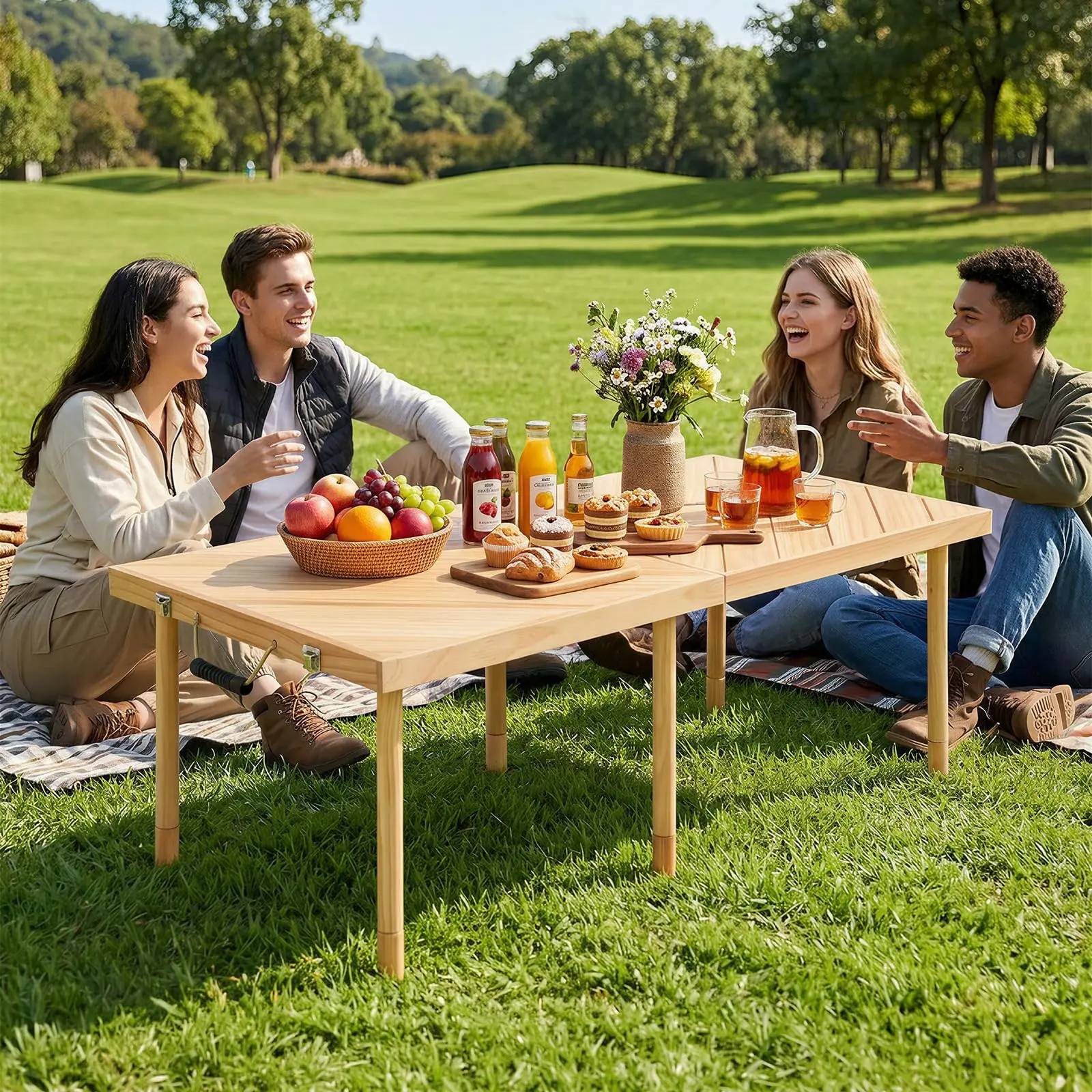Portable Folding Picnic Table for Camping - 44" Wood Top, Adjustable Height, Lightweight Design with Carry Handles, Sturdy Outdoor Dining for Beach, Backyard, Portable Folding Table