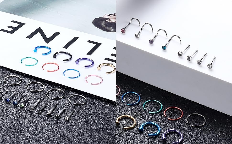 FIBO STEEL 200 Pcs 316L Stainless Steel Nose Ring Studs Set for Women Men Nose Hoops L Shaped Screw Bone Nose Studs Ring Nose Piercing Jewelry SpringStatements