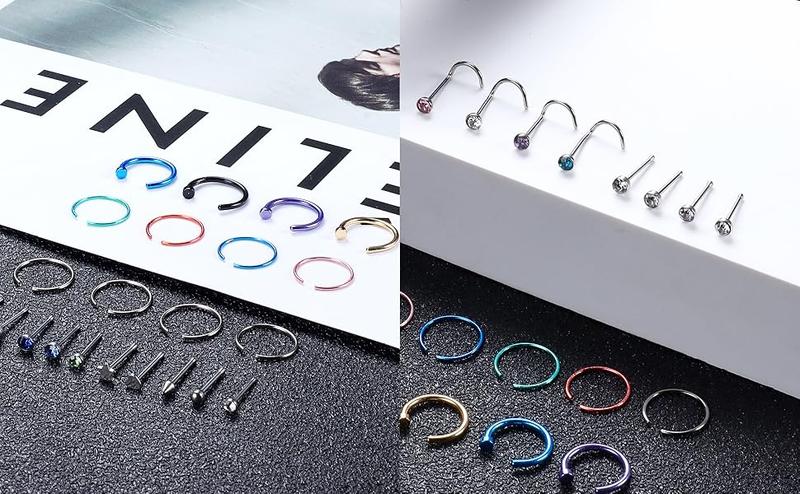 FIBO STEEL 200 Pcs 316L Stainless Steel Nose Ring Studs Set for Women Men Nose Hoops L Shaped Screw Bone Nose Studs Ring Nose Piercing Jewelry
