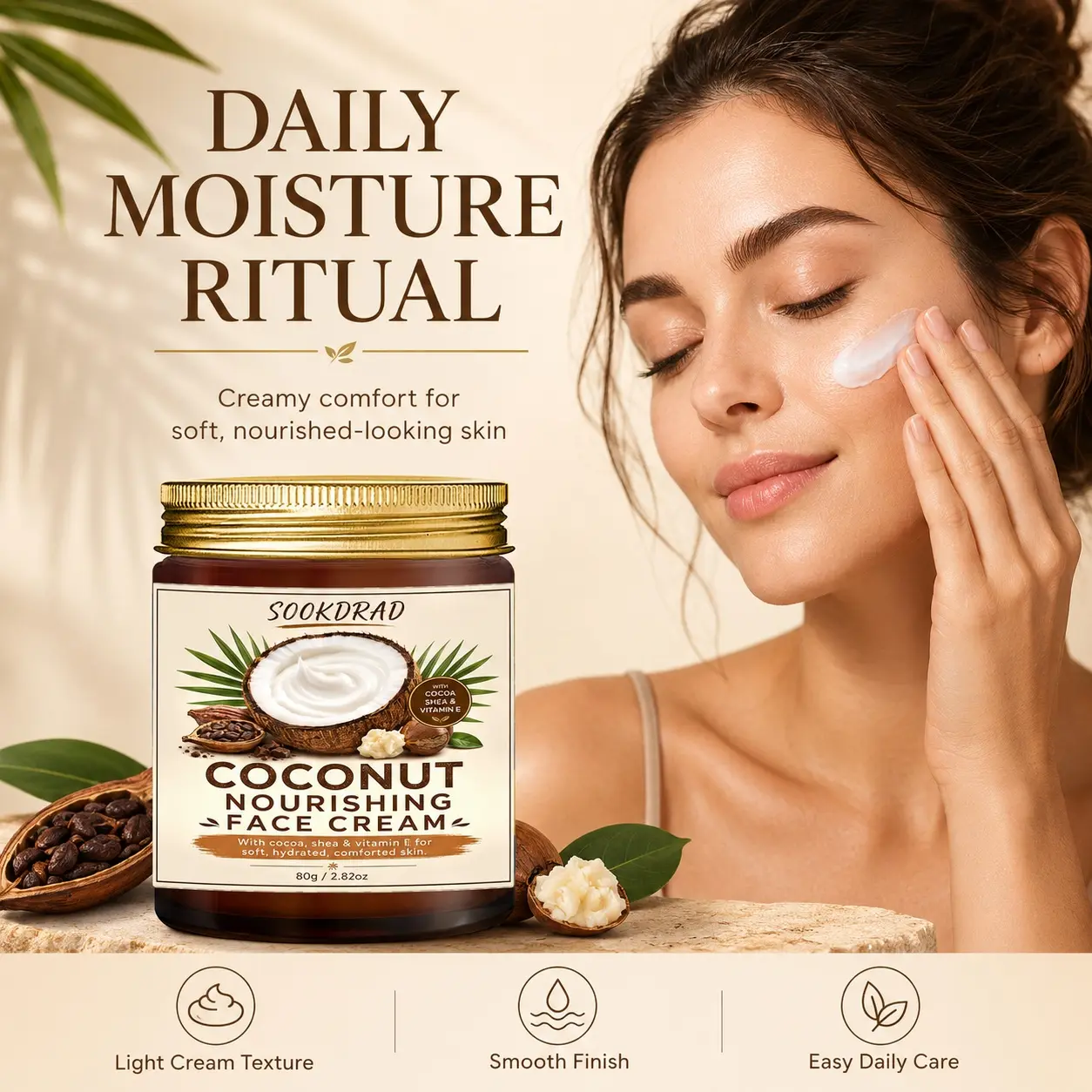 Coconut Nourishing Face Cream, Cocoa, Shea Butter, Vitamin E, Hydrated Skin, Soft Skin, Comforted Skin, Face, Daily Skincare, 80g / 2.82oz