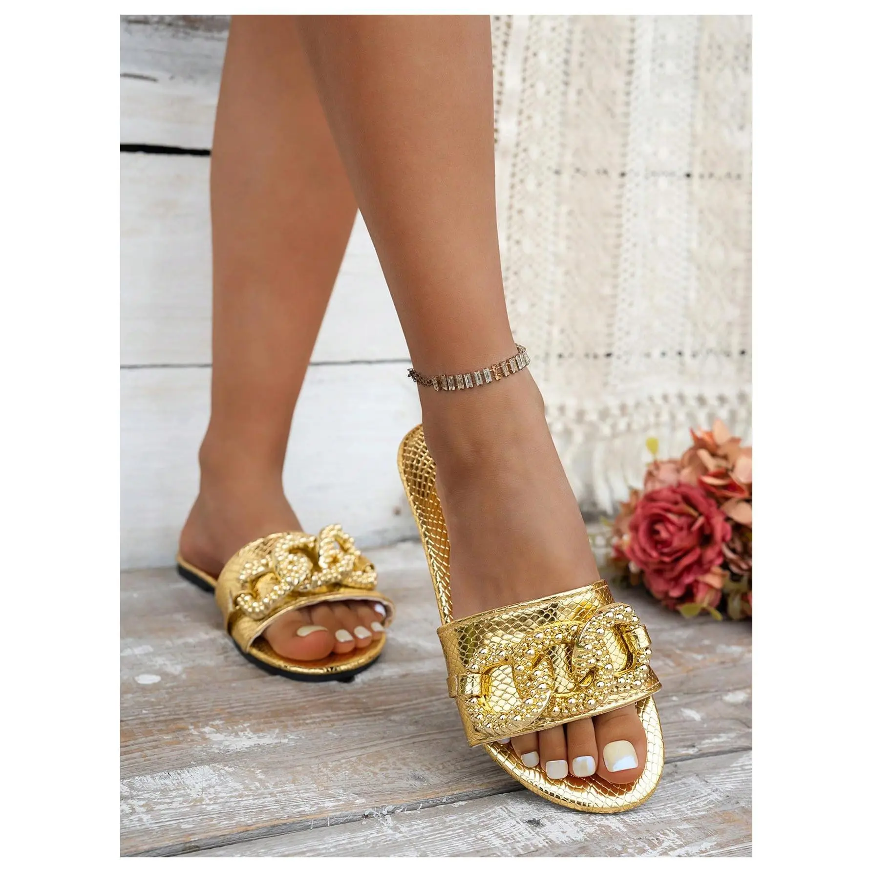 Gold Chain Crocodile Embossed Sandals Dressy Metallic Flats Open Toe Slides