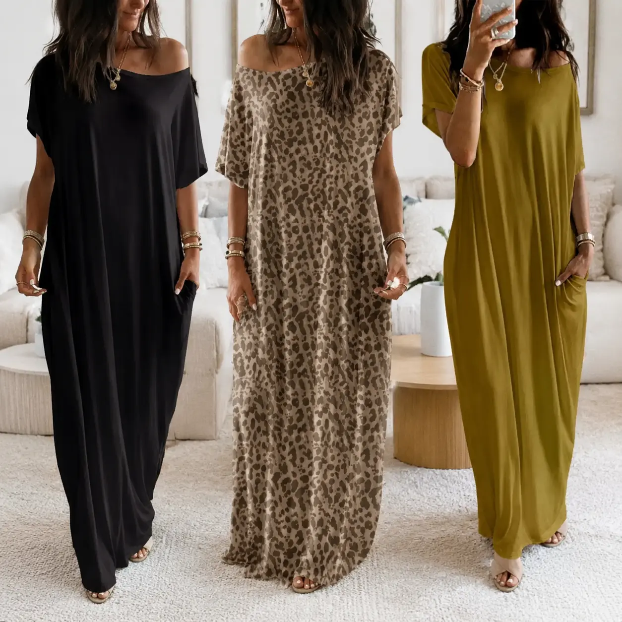 Women's 1 Piece All-Seasons Vintage Viscose Knitting Plain Maxi Dress - Short Sleeve, Crew Neck, Relaxed Loose Fit, Minimalist Basic, Polyester-Elastane Blend, Multi-Size Sports & Outdoor Everyday Wear