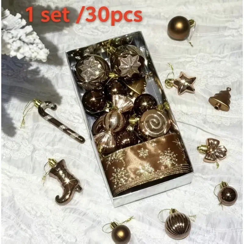 1 set /30pcs New creative multi-shape Christmas tree decorative ball thickened anti-fall Christmas hanging ball (including decorative ribbons) New Year party decoration