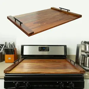 Multi-Purpose Wooden Stove Top Cover Noodle Board with Handles, Free Round Coaster Included, 3-in-1 Cutting Board & Serving Tray for Extra Counter Space, Kitchen Decor & Organization