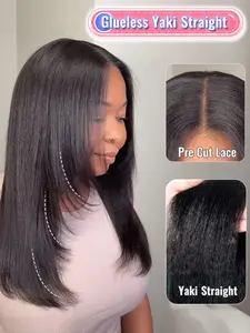 10-16 Inch Human Hair Yaki Layered Bob Wig, Glueless Wigs, 5x5 Glueless Lace Closure Wig, Short Natural Yaki Straight Hair, Pre Cut Hairline, Breathable Adjustable Cap, Wear And Go Style for Women Summer Daily