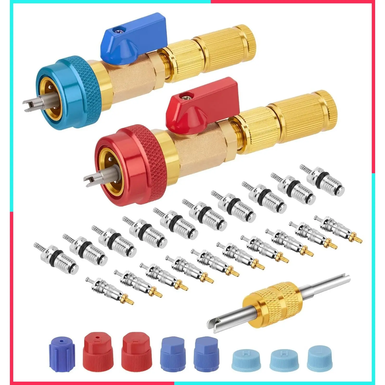 R134A AC Valve Core Quick Remover Installer Tool Set, 31PCS with Upgraded Valve Cores, High Low Pressure Service Port Caps & Valve Stems for Refrigerant Air Conditioner System