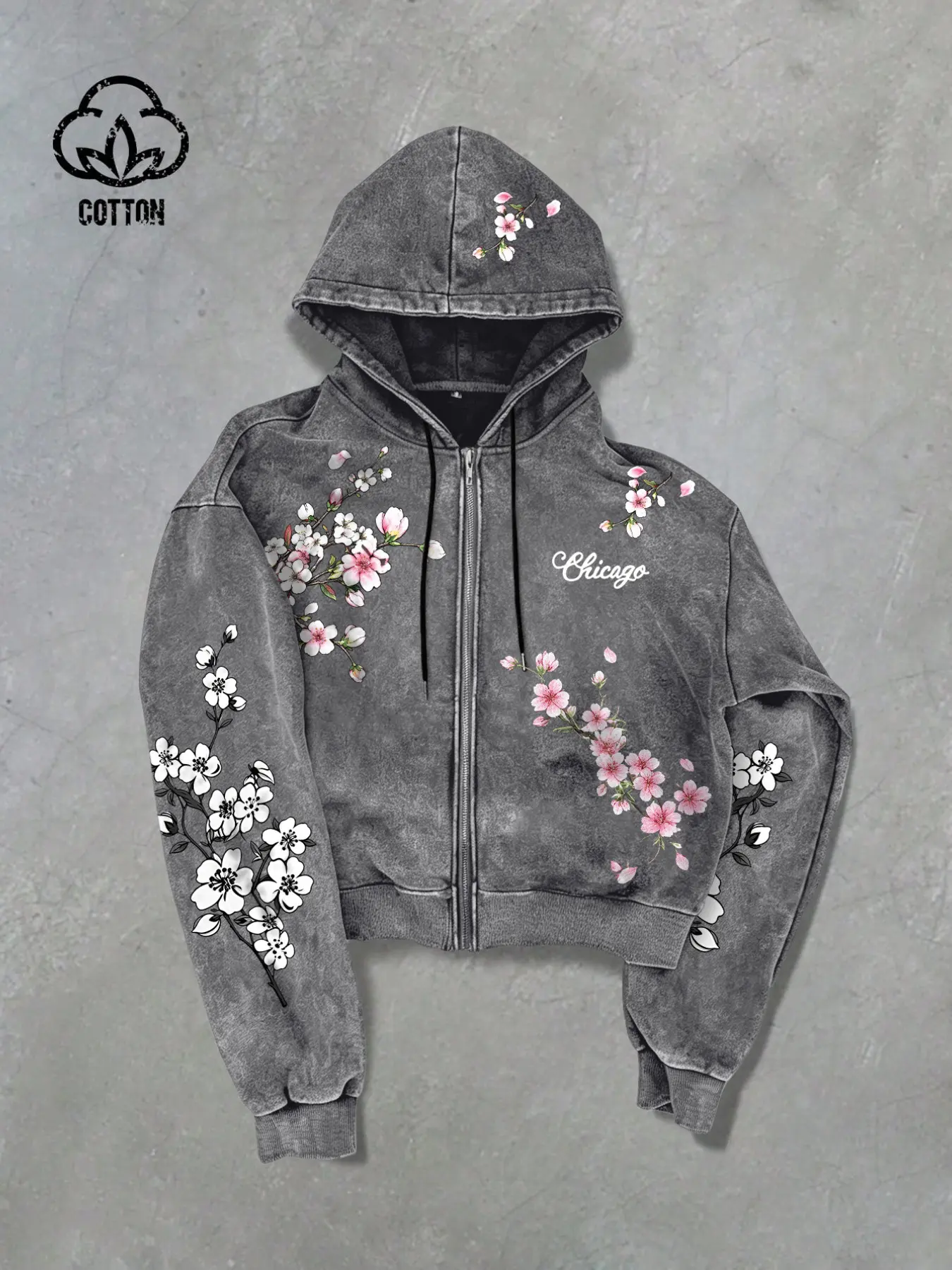 Men's Fall Winter Vintage Hooded Jacket, Casual Loose-Fit Streetwear, Washed Fabric, Cherry Blossom Pattern, Daily Fashion