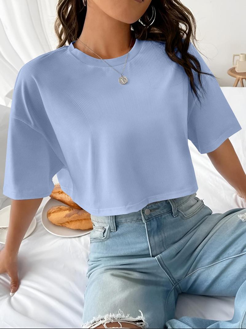 Women's Plain Ribbed Curved Hem Crop Tee, Casual Half Sleeve Round Neck T-shirt for Summer, Ladies Clothes for Daily Wear Women's Plain Ribbed Curved Hem Crop Tee, Casual Half Sleeve Round Neck T-shirt for Summer, Ladies Clothes for Daily Wear
