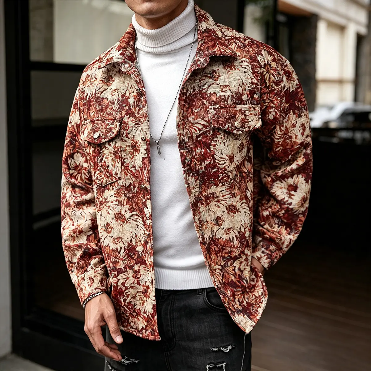 Men's Long Sleeve Collared Floral Print Shirt Jacket (1 Pack), Vintage Artistic Pattern, Modern Relaxed Loose Fit, Multi-Color Menswear Top Coat, Casual Outerwear for Daily Wear, Weekend Gatherings