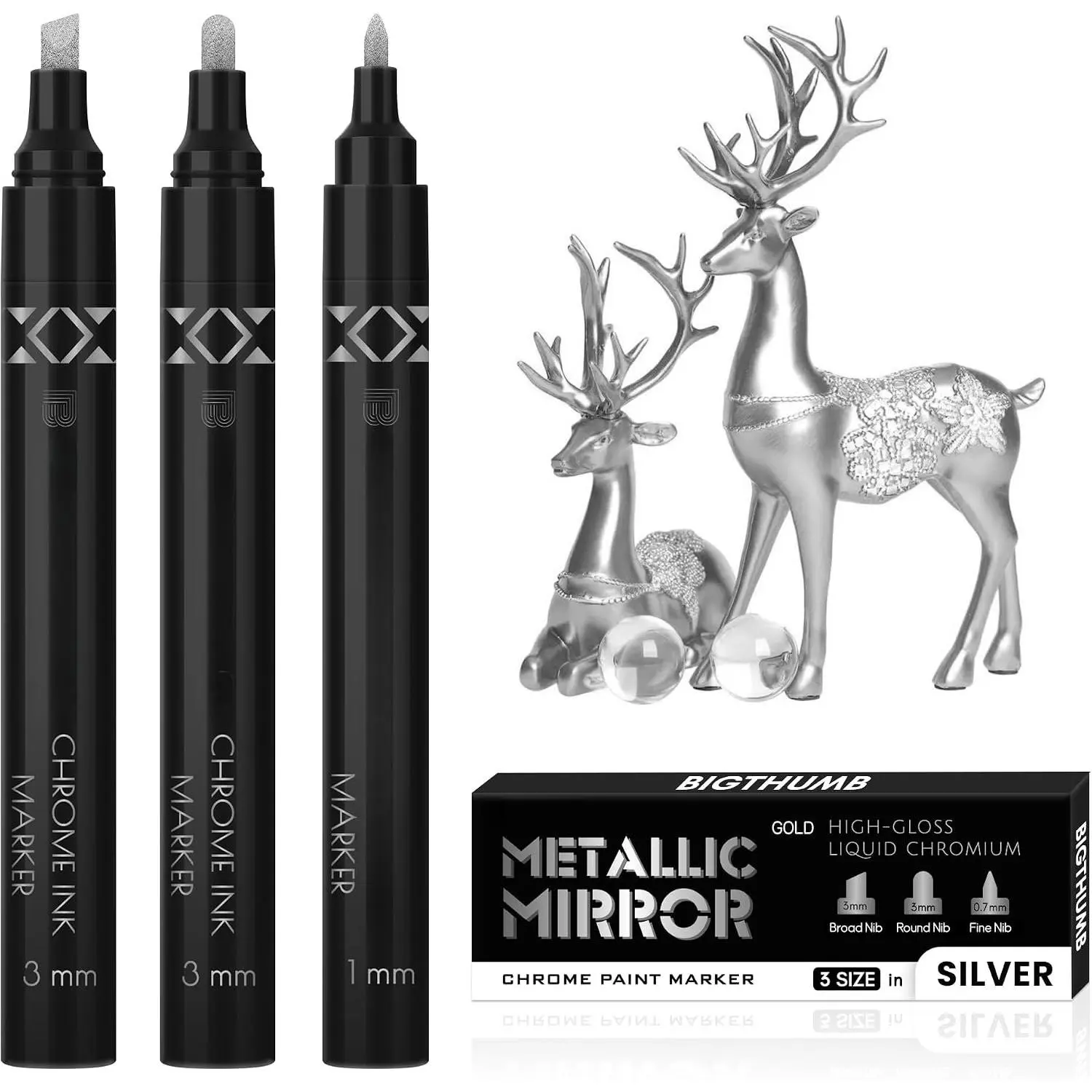 3 count Liquid Chrome  Markers, Gloss Mirror Marker, Oil-based Permanent Chrome Maker, Reflective Metallic Pen Markers for Repairing, Model Painting DIY Art Projects,