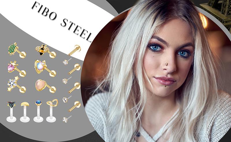 FIBO STEEL 14 PCS 16G Threadless nose rings Set for Women Surgical Steel Screw Back Cubic Zirconia Flat Back Earrings Heart Design Chain nose piercings septum jewelry