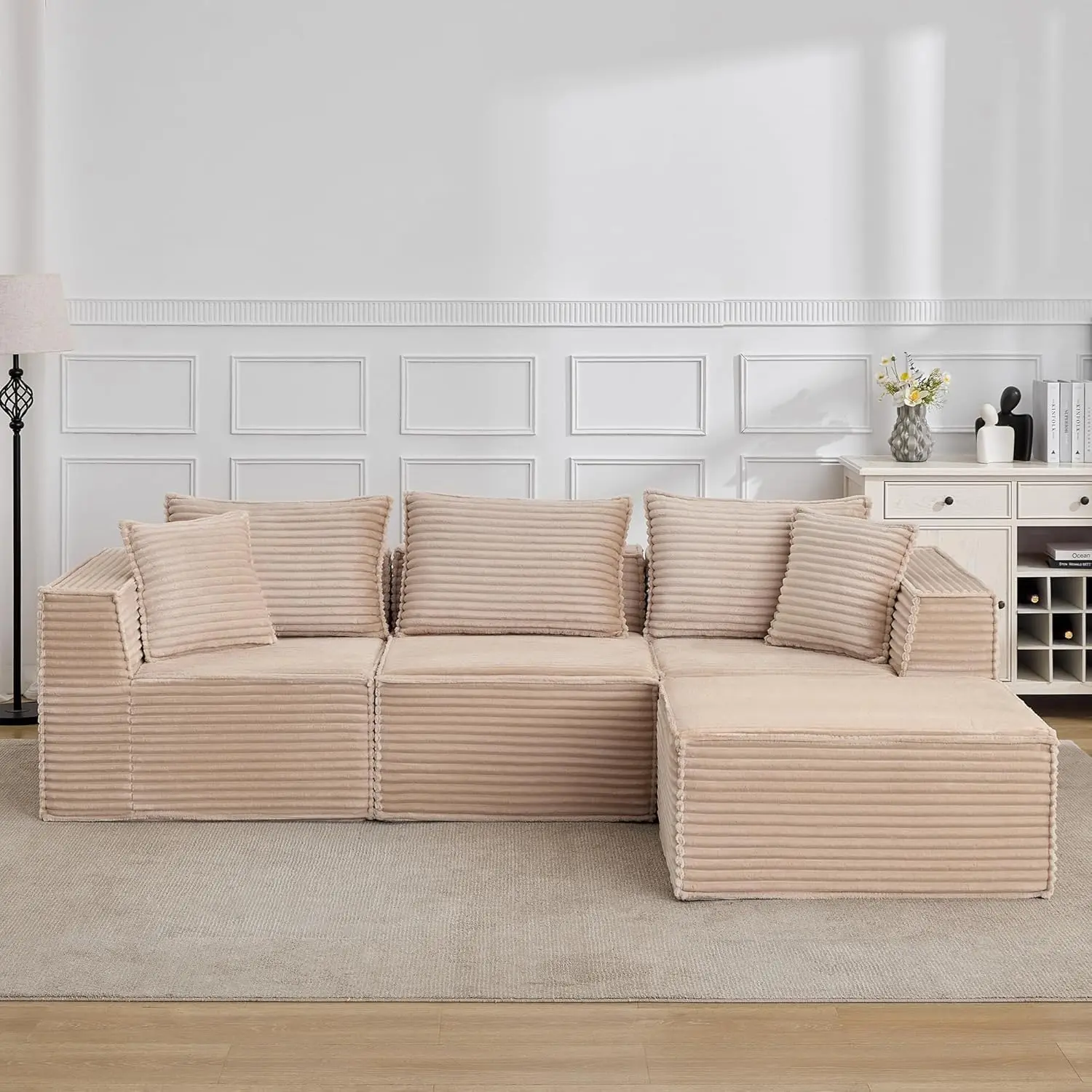 Modular Memory Foam Living Room Sectional Set - Configurable L-Shaped Multi-Seater Couch, Velvet Channel Tufted Armchair with Tufted Arms, Beige Cushioned Modern Indoor Furniture