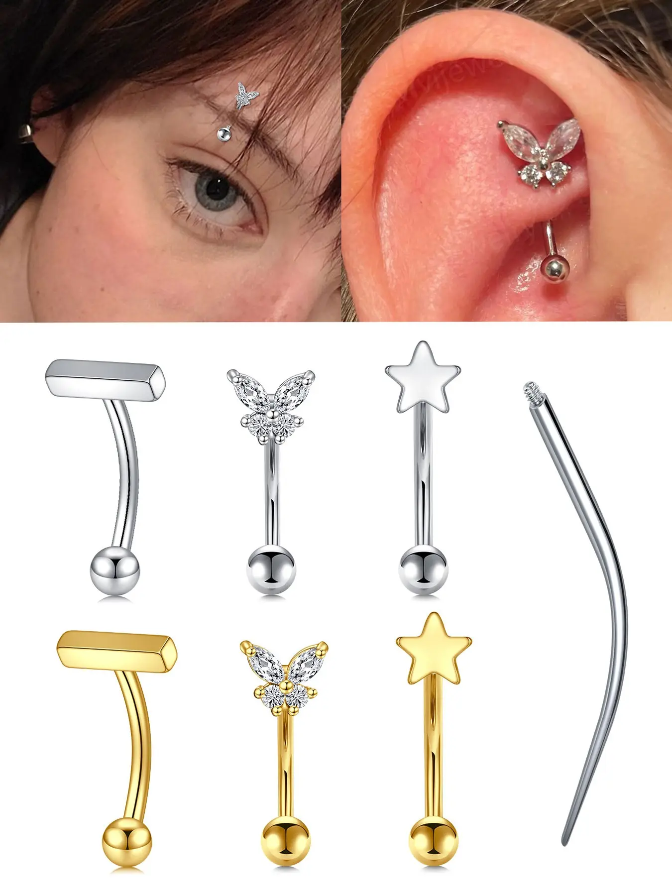 16g Stainless Steel Cz Rook Piercing Jewelry, Moon-Shaped Eyebrow Rings, 8/10mm Rook Earrings, Punk Style, Daily Wear, All Seasons