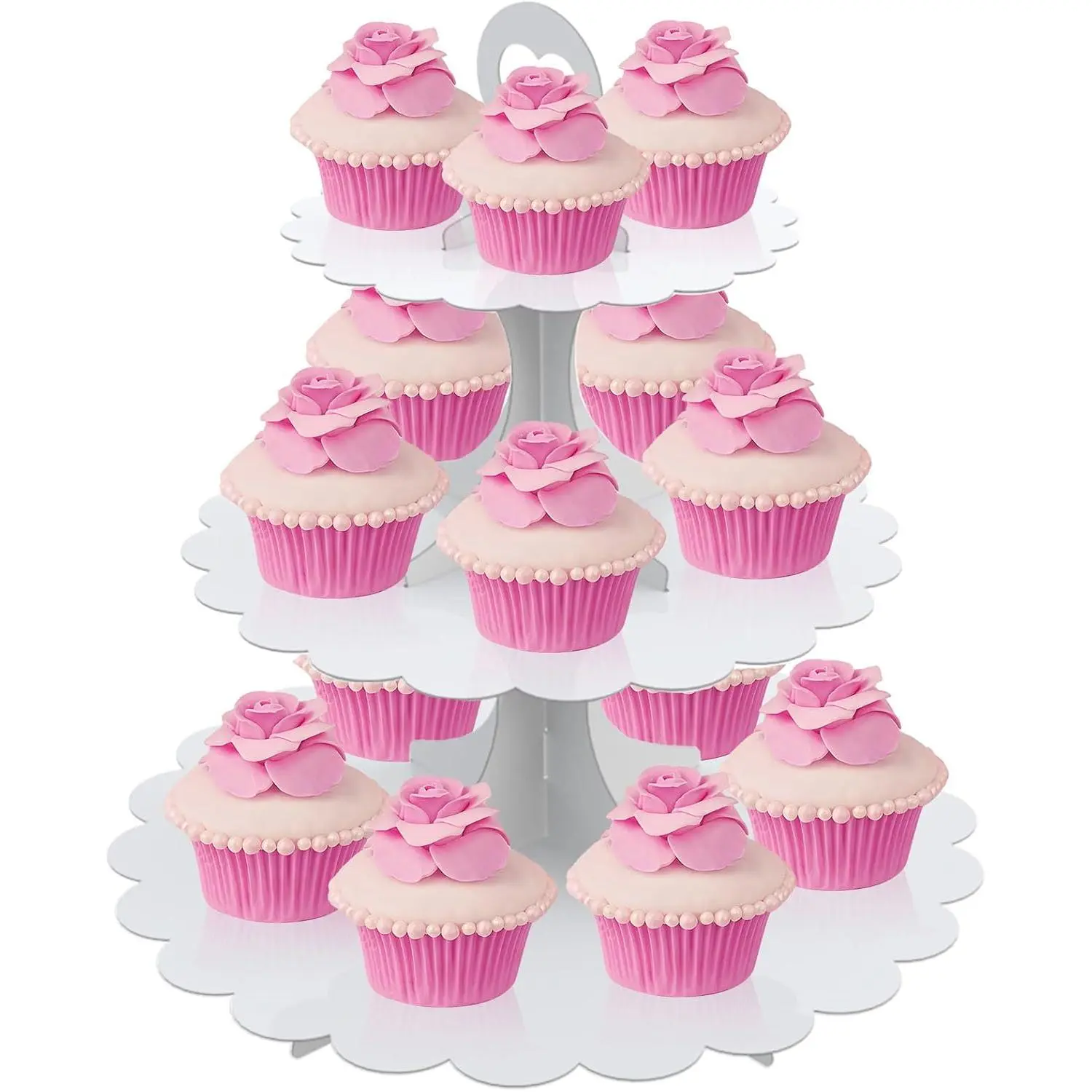 White Cupcake Stand Tower, 3-Tier Cardboard Dessert Display with Heart Handle, for Birthday  Shower Wedding  Party Graduation, Easy 60-Second Assembly, Holds 12+Cupcakes (1-Pack)