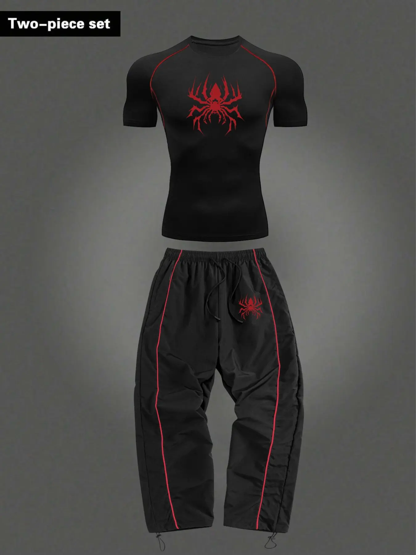 Men's Fitness Set with Spider Print, Casual Sport Style, Soft Skin-Friendly Drawstring Design, Ideal for Training and Running
