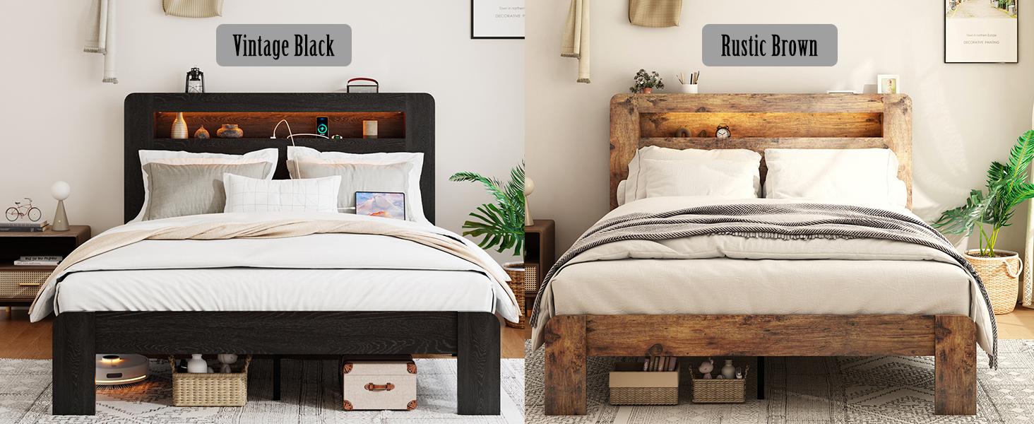 ARCH Wooden Bed Frame Queen Size with Storage Headboard, Farmhouse Platform Bedframe with Bookcase Shelf & Led Lights, Sturdy Wood Slat Framework Bed Frame (Rustic Brown)