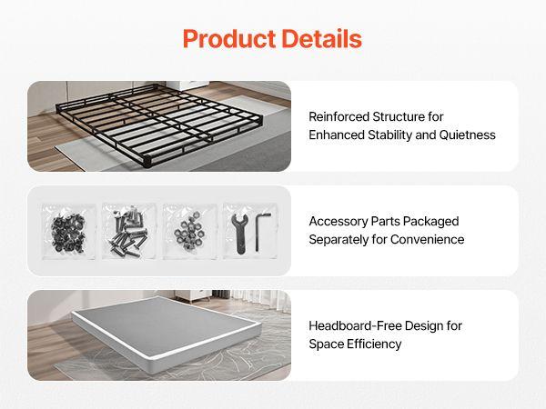 VEVOR Box Spring, Queen Size Bed Frame with Washable Fabric Cloth, Heavy Duty Metal Frame for Queen Bed, 4 in Mattress Foundation, 3500 lbs Max Weight Capacity, Easy Assembly, 79.1 L x 59.4 W x 4 H in