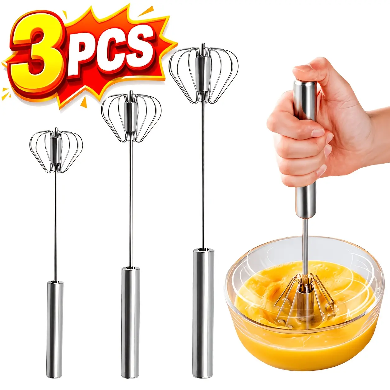 3/6Pcs Stainless Steel Semi‑Automatic Whisk Set, Hand‑Press Rotating Manual Egg Beater Mixer, Battery‑Free Hand‑Crank Stirrer in Large Medium Small Sizes, Kitchen Baking Tool for Eggs, Cream, Milk, Sauces, Household Cooking & Baking Accessories