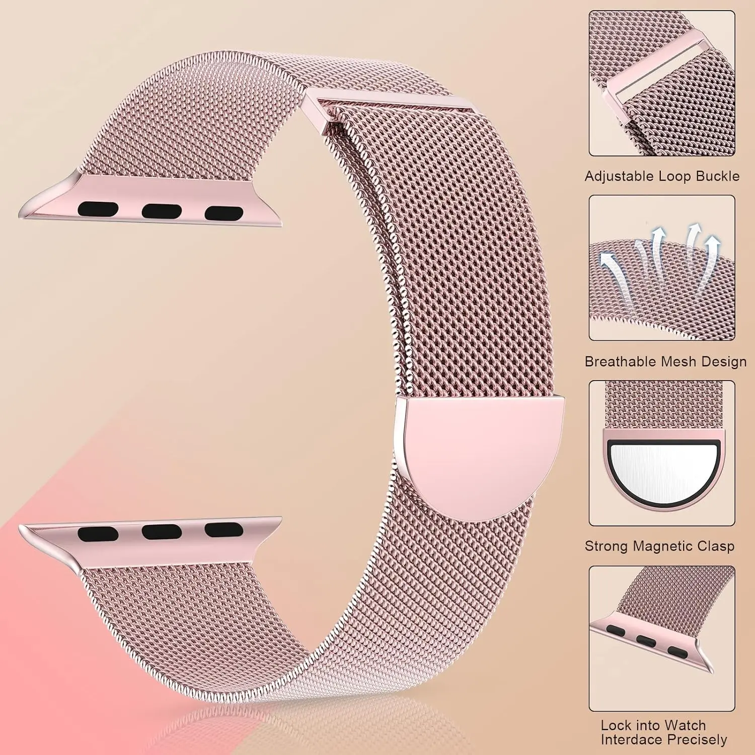 Stainless Steel Milanese Loop for Apple Watch, Adjustable Magnetic Clasp, 38-49mm, Compatible with Series 9, Ultra, Se, 8-1, Unisex Watch Band, Smartwatch Strap